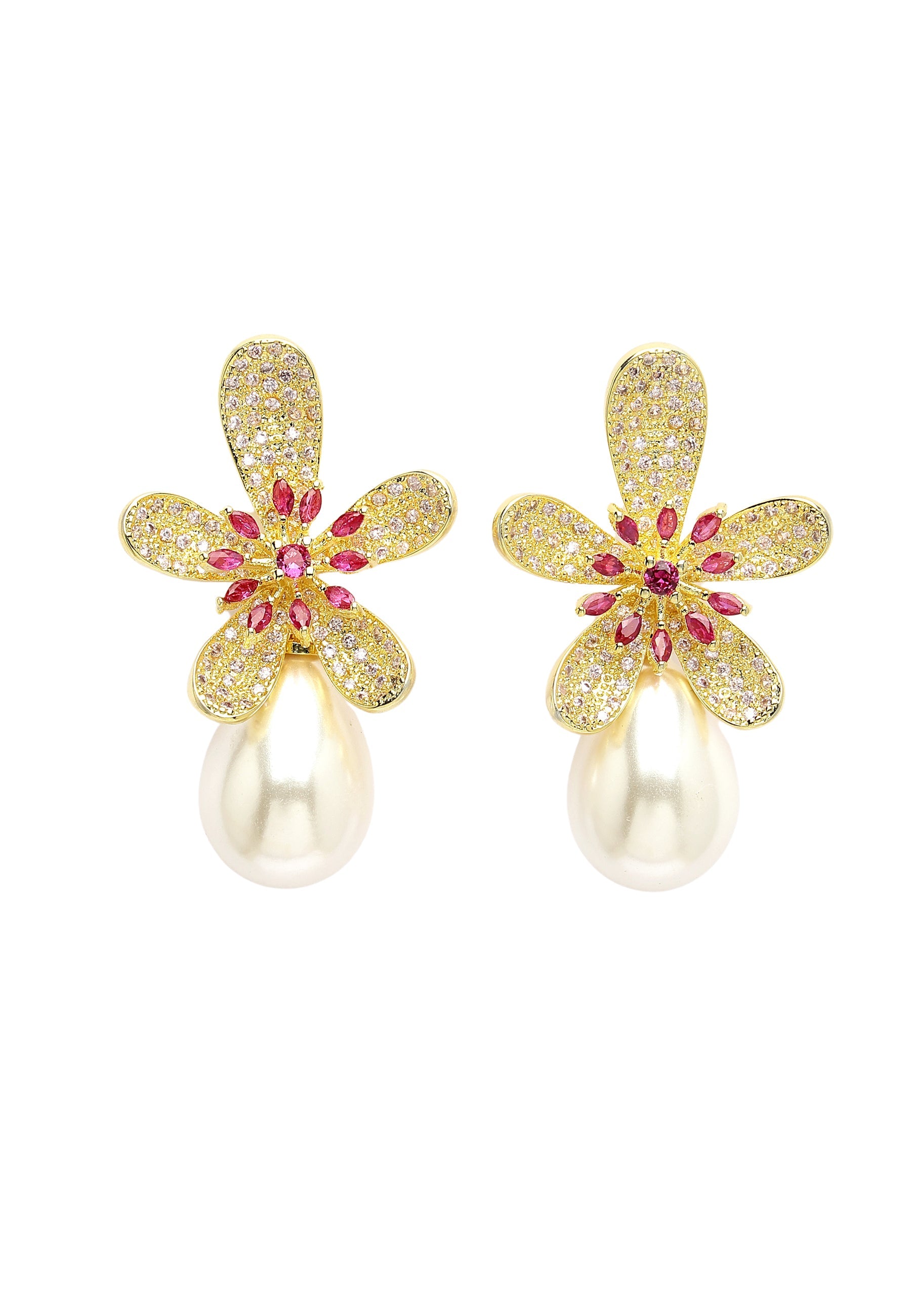 Sparkling Floral Stud Earrings With Pearl Drop