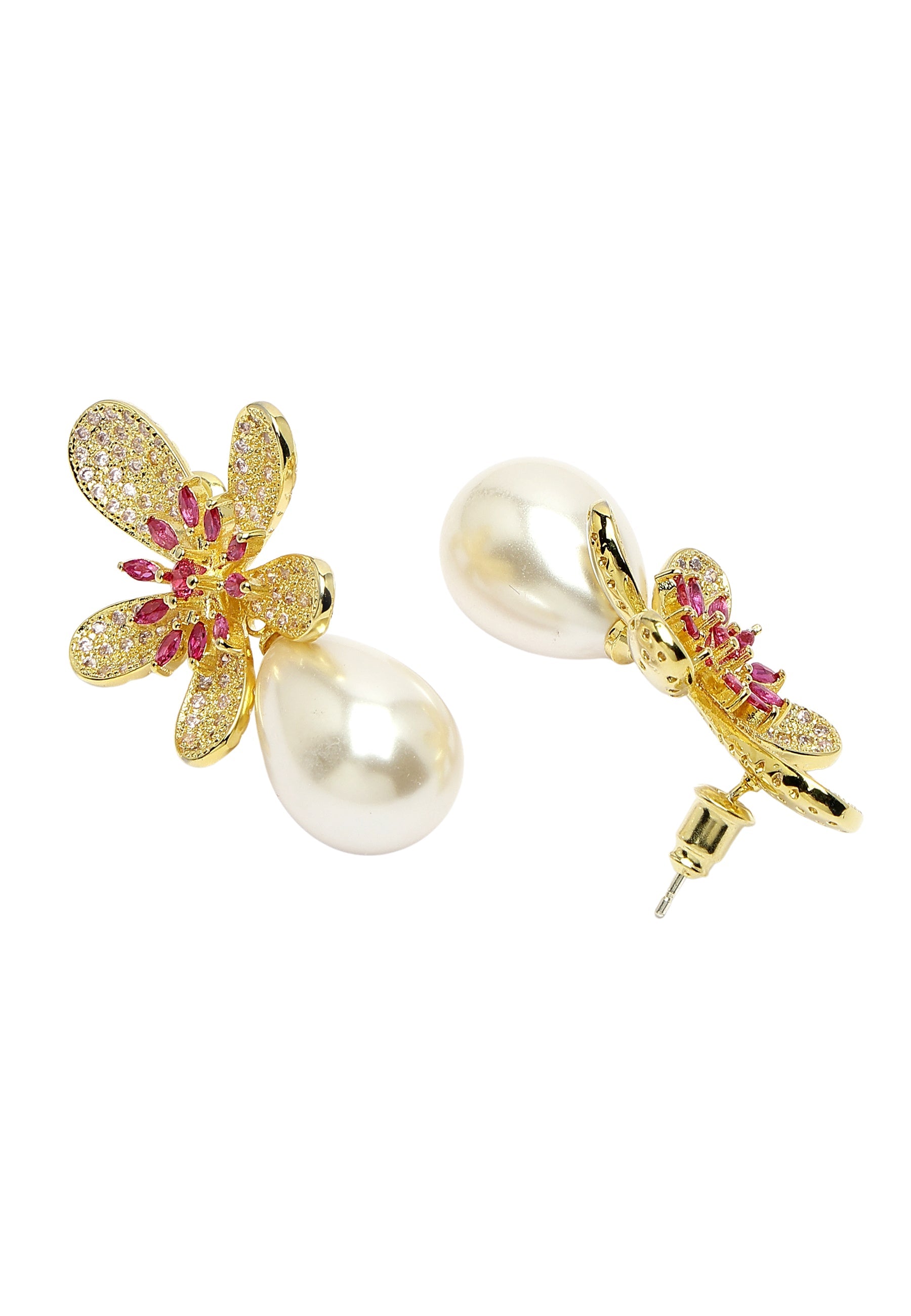 Sparkling Floral Stud Earrings With Pearl Drop