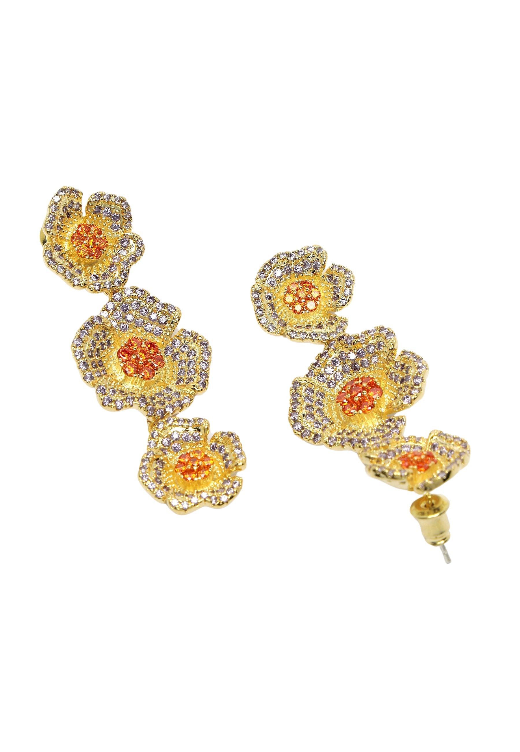 Cubic Zirconia Triple Flower Dangle Earrings