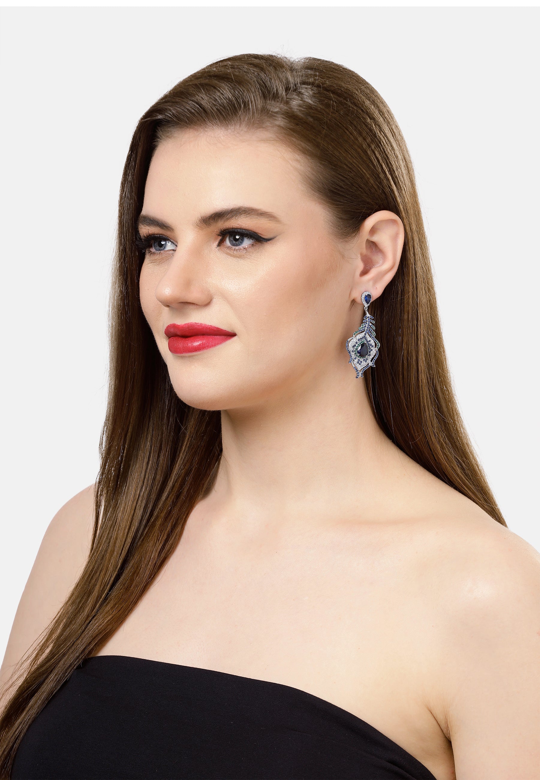 Dark Blue Peacock Feather Earrings