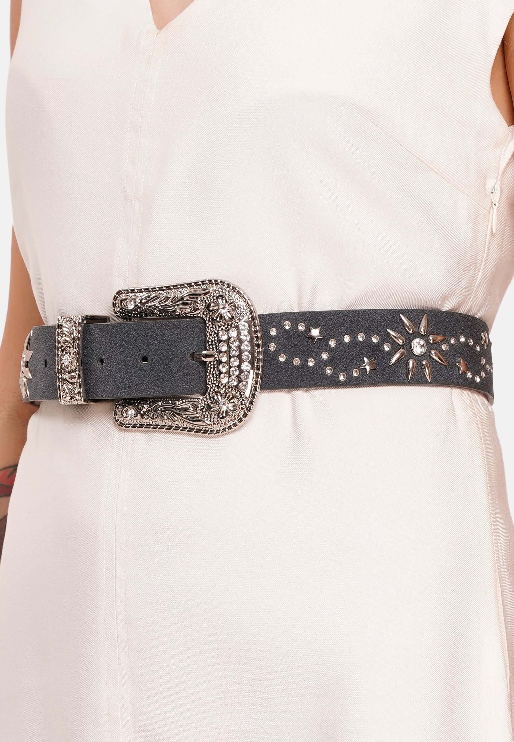 Black Designer Belt with Embossed Buckle